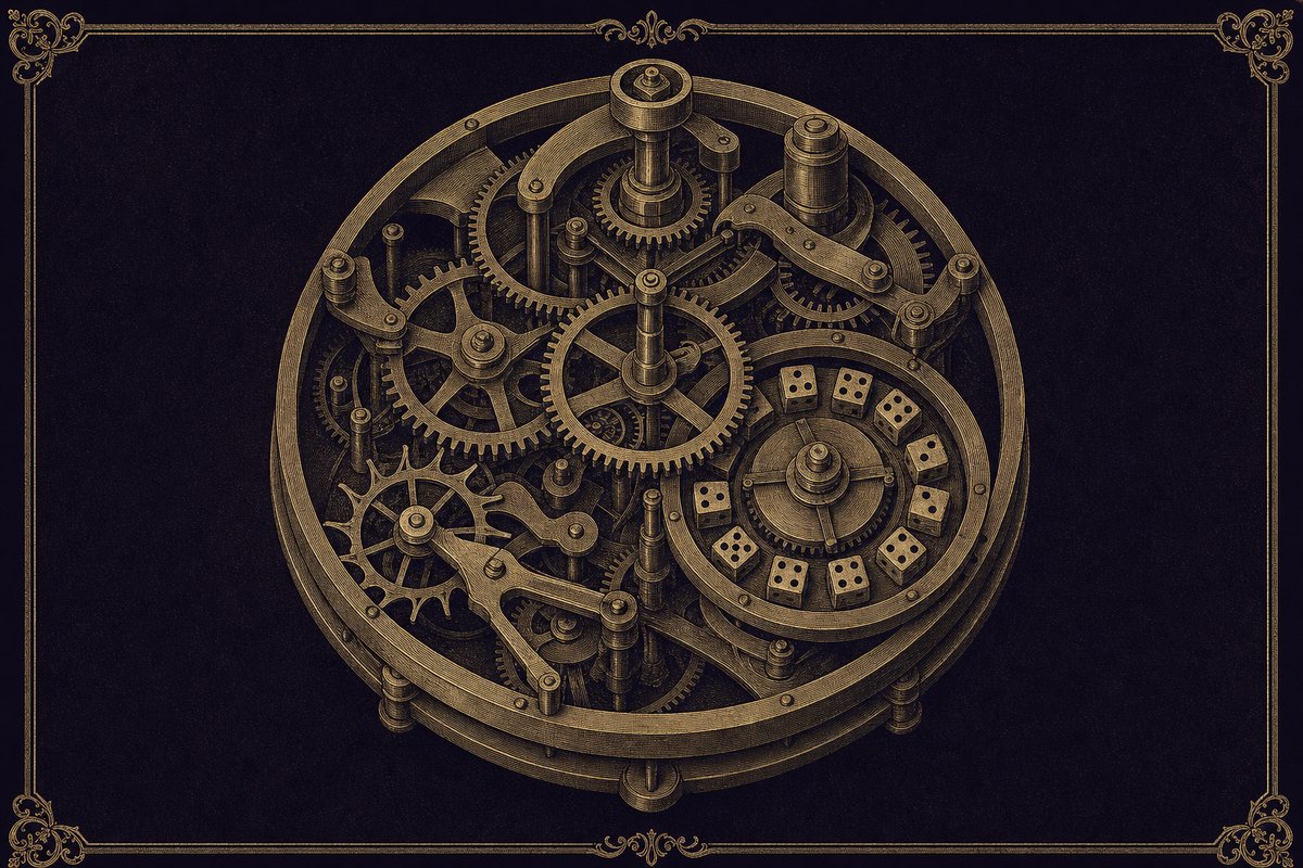 Engraving-style diagram of a clockwork random-number mechanism