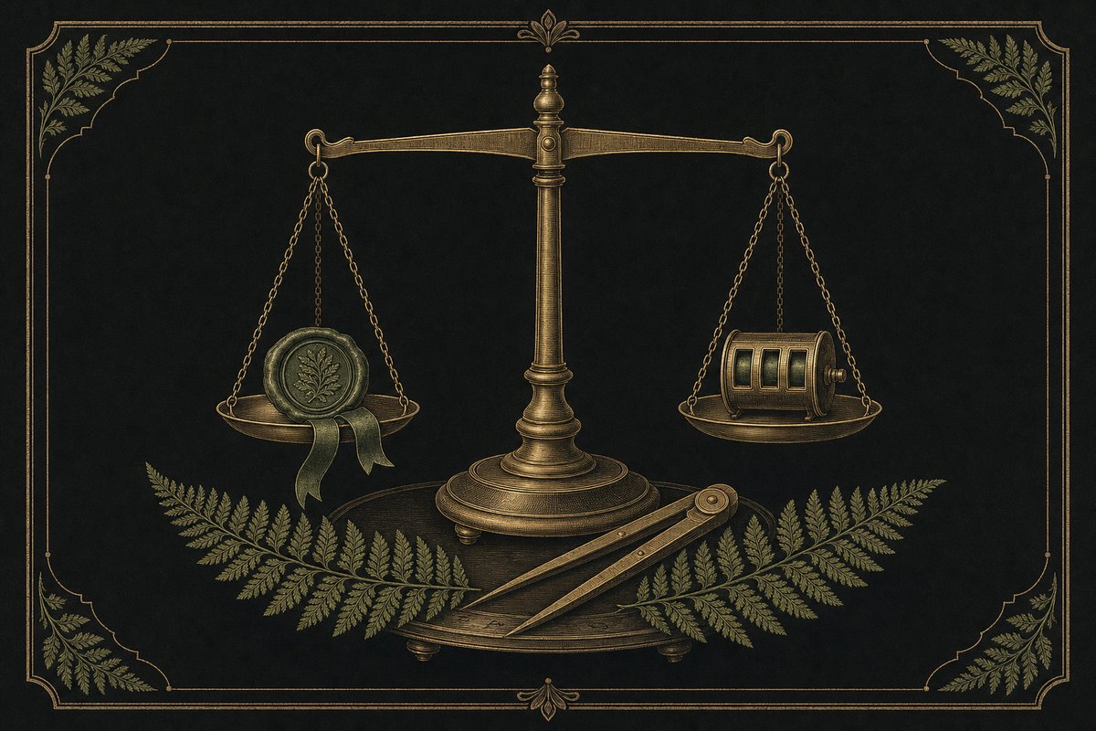 Engraving-style plate of a brass balance scale weighing a wax seal against a slot reel drum