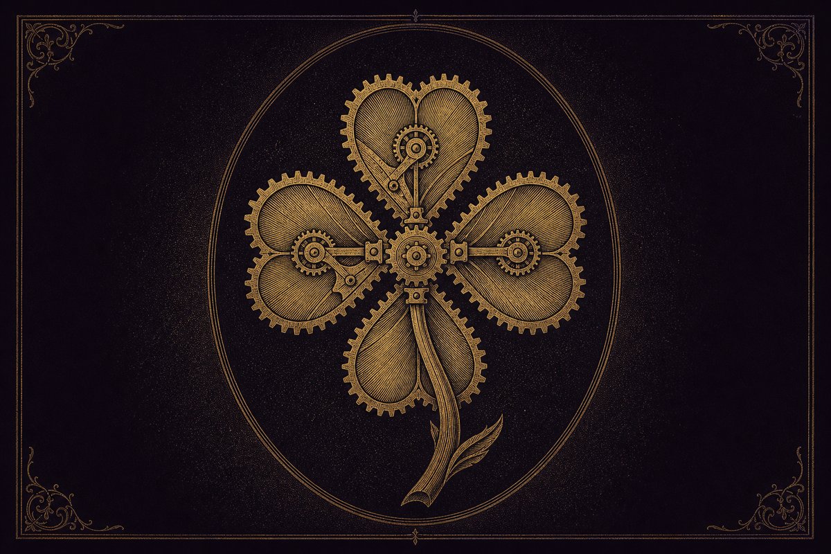 Antique engraving-style specimen plate of Mechanical Clover, framed by foliage