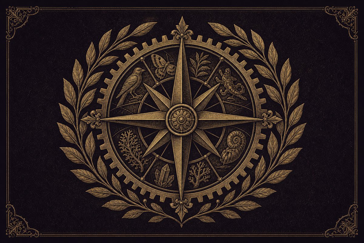 Engraving-style compass-and-laurel emblem of studio genera