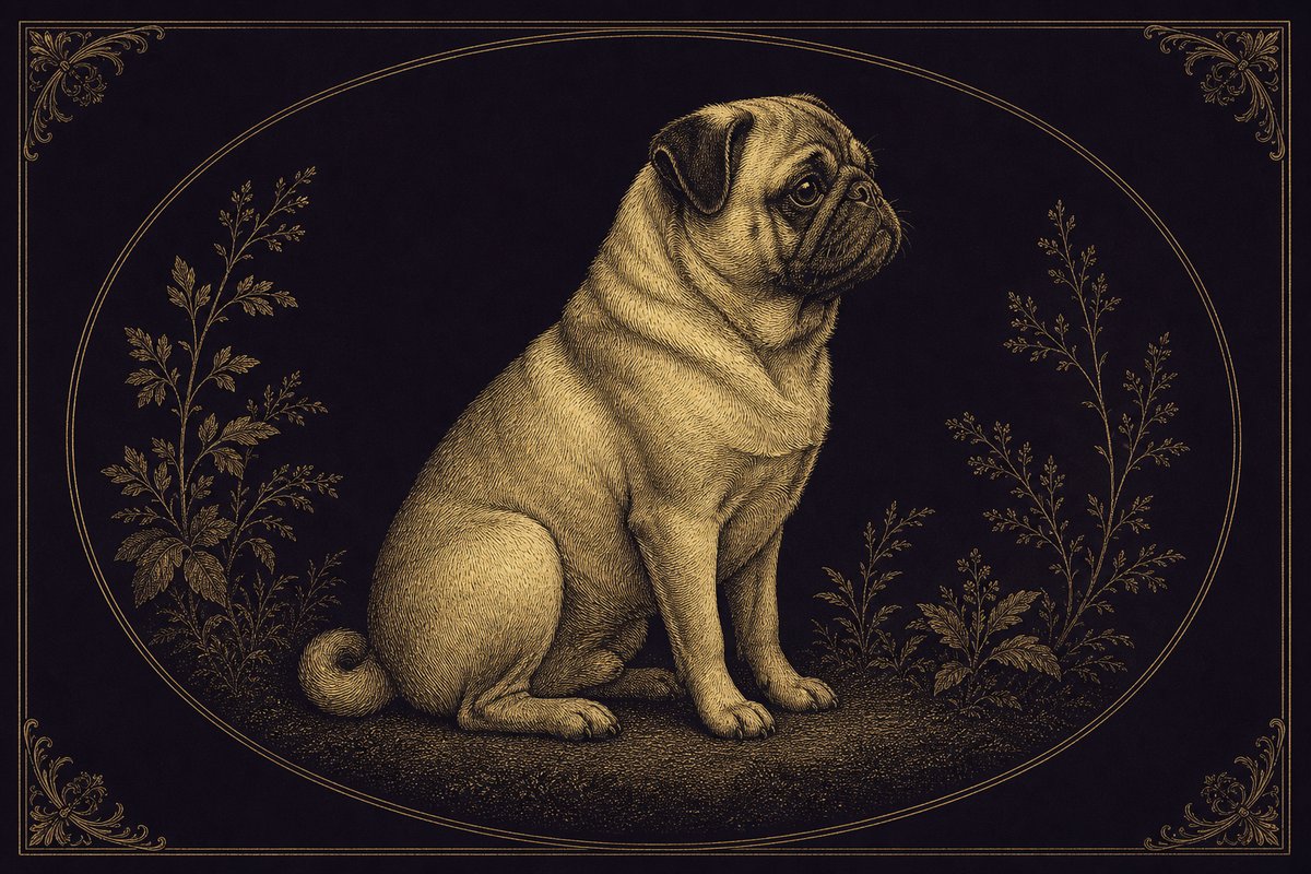 Engraving-style zoological plate of a seated pug, framed by foliage