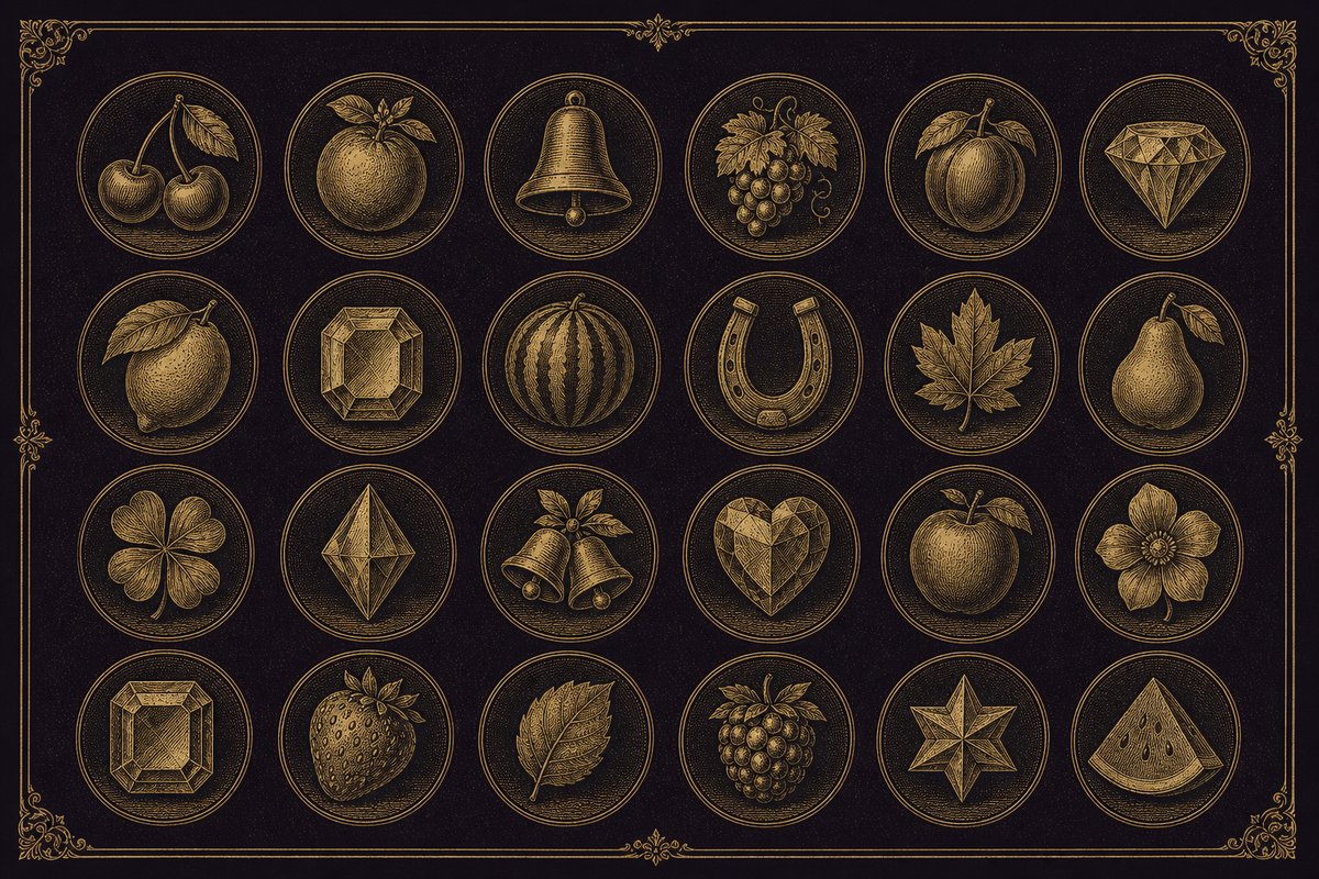 Engraving-style catalogue plate of slot reel symbols